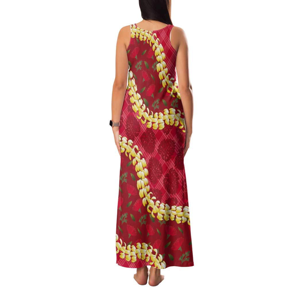 Red Palaka Hawaii Mele Kalikimaka Tank Maxi Dress Ohia Lehua Monstera Puakenikeni Lei LT14 - Polynesian Pride
