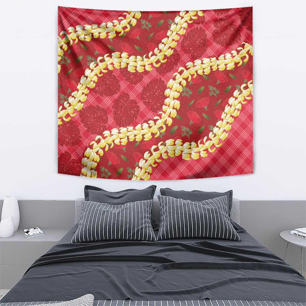 Red Palaka Hawaii Mele Kalikimaka Tapestry Ohia Lehua Monstera Puakenikeni Lei LT14 - Polynesian Pride