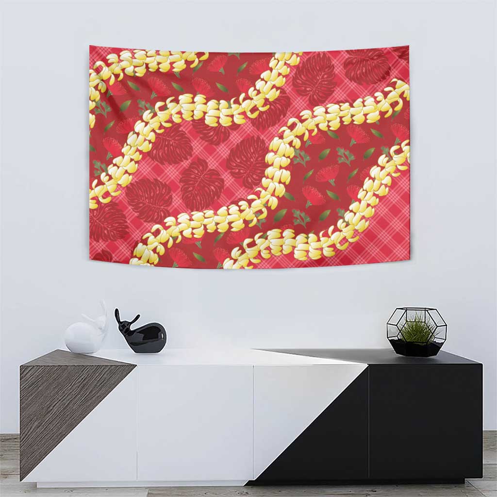 Red Palaka Hawaii Mele Kalikimaka Tapestry Ohia Lehua Monstera Puakenikeni Lei LT14 - Polynesian Pride