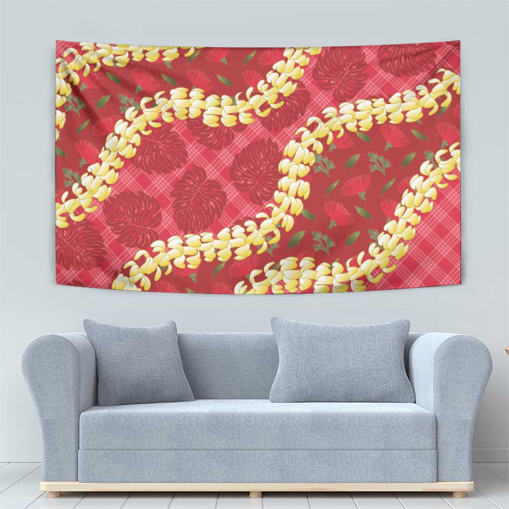 Red Palaka Hawaii Mele Kalikimaka Tapestry Ohia Lehua Monstera Puakenikeni Lei LT14 - Polynesian Pride