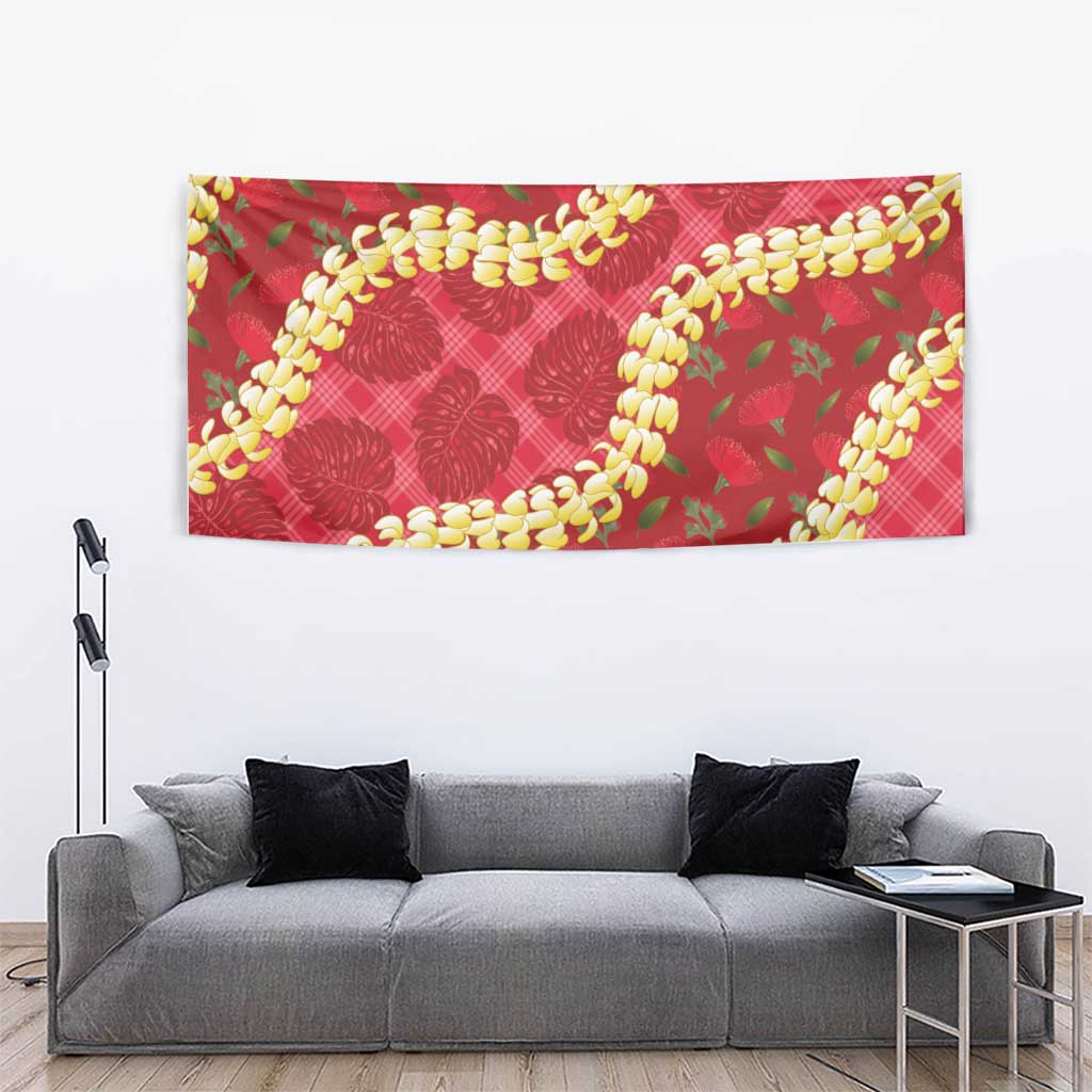 Red Palaka Hawaii Mele Kalikimaka Tapestry Ohia Lehua Monstera Puakenikeni Lei LT14 - Polynesian Pride