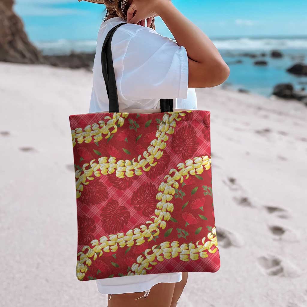 Red Palaka Hawaii Mele Kalikimaka Tote Bag Ohia Lehua Monstera Puakenikeni Lei LT14 - Polynesian Pride