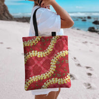 Red Palaka Hawaii Mele Kalikimaka Tote Bag Ohia Lehua Monstera Puakenikeni Lei LT14 - Polynesian Pride