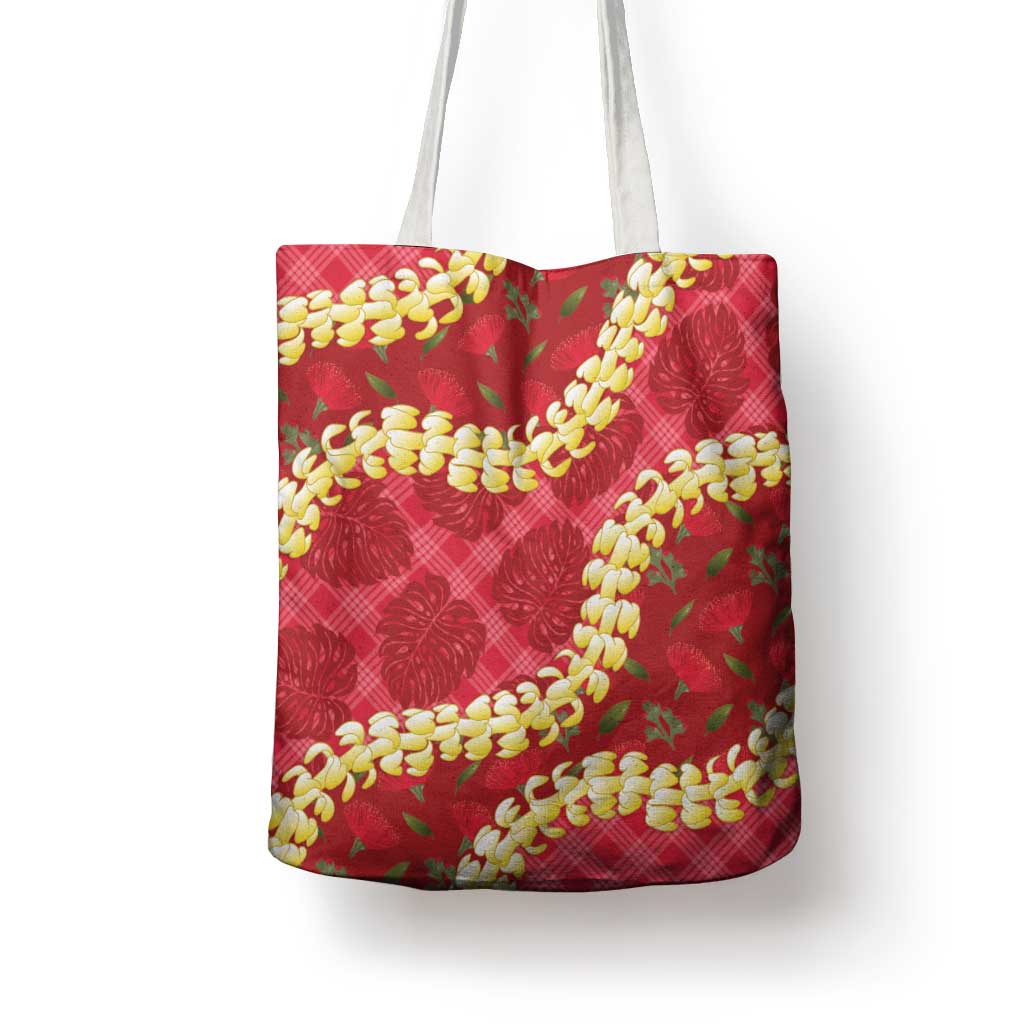 Red Palaka Hawaii Mele Kalikimaka Tote Bag Ohia Lehua Monstera Puakenikeni Lei LT14 - Polynesian Pride