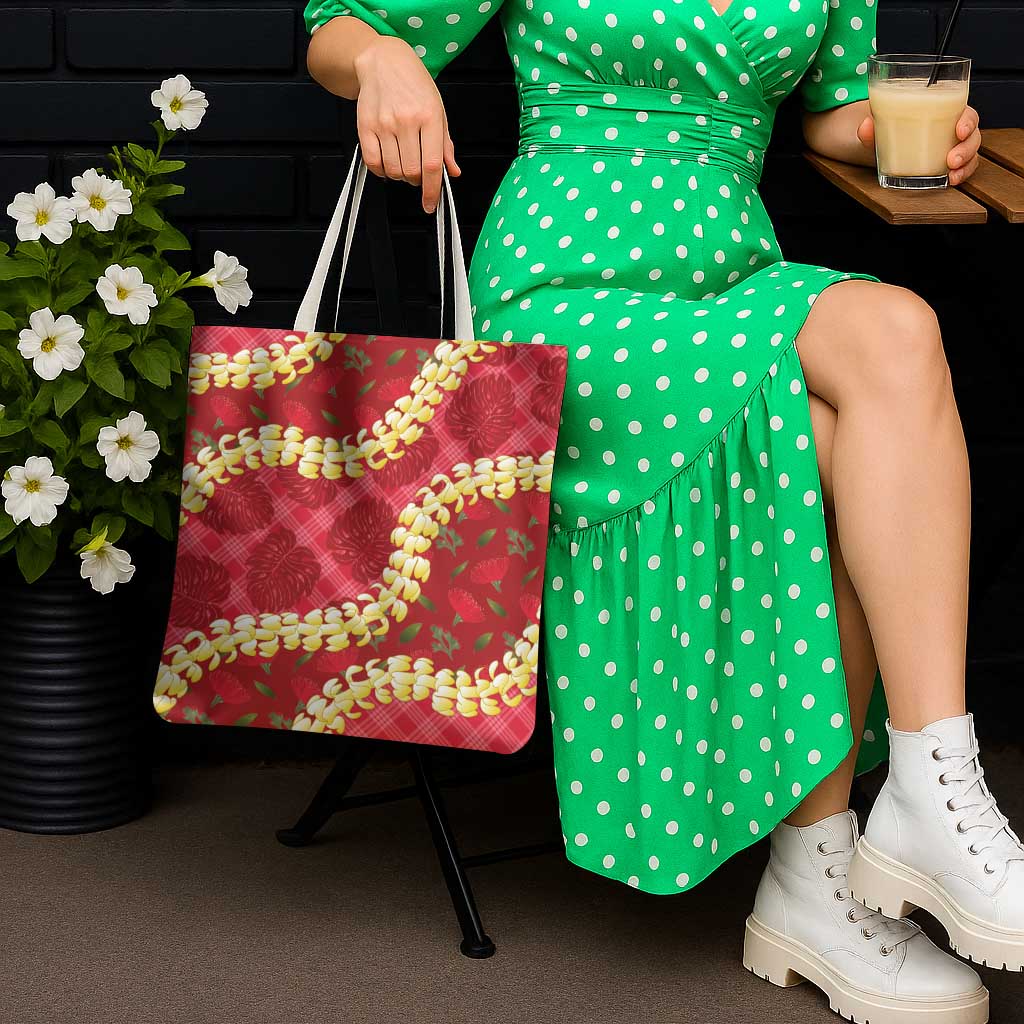 Red Palaka Hawaii Mele Kalikimaka Tote Bag Ohia Lehua Monstera Puakenikeni Lei LT14 - Polynesian Pride