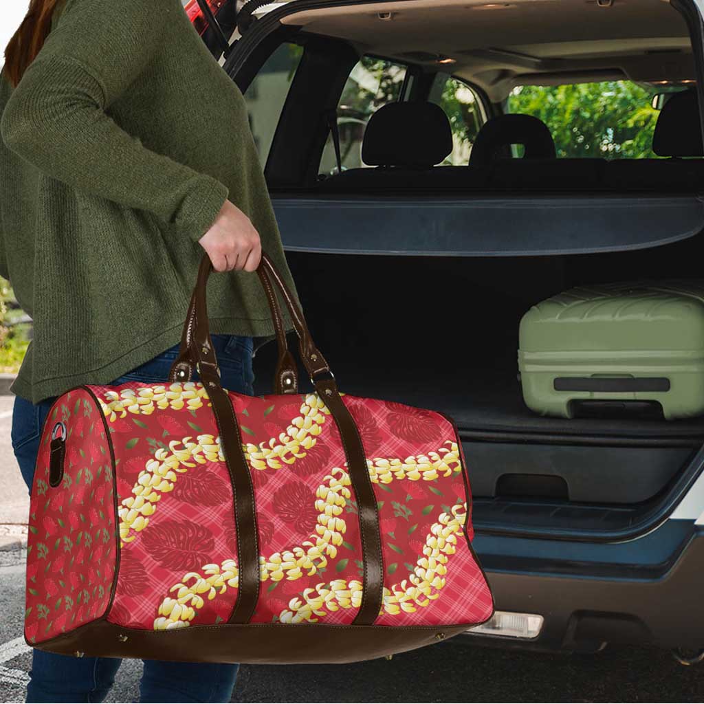 Red Palaka Hawaii Mele Kalikimaka Travel Bag Ohia Lehua Monstera Puakenikeni Lei LT14 - Polynesian Pride
