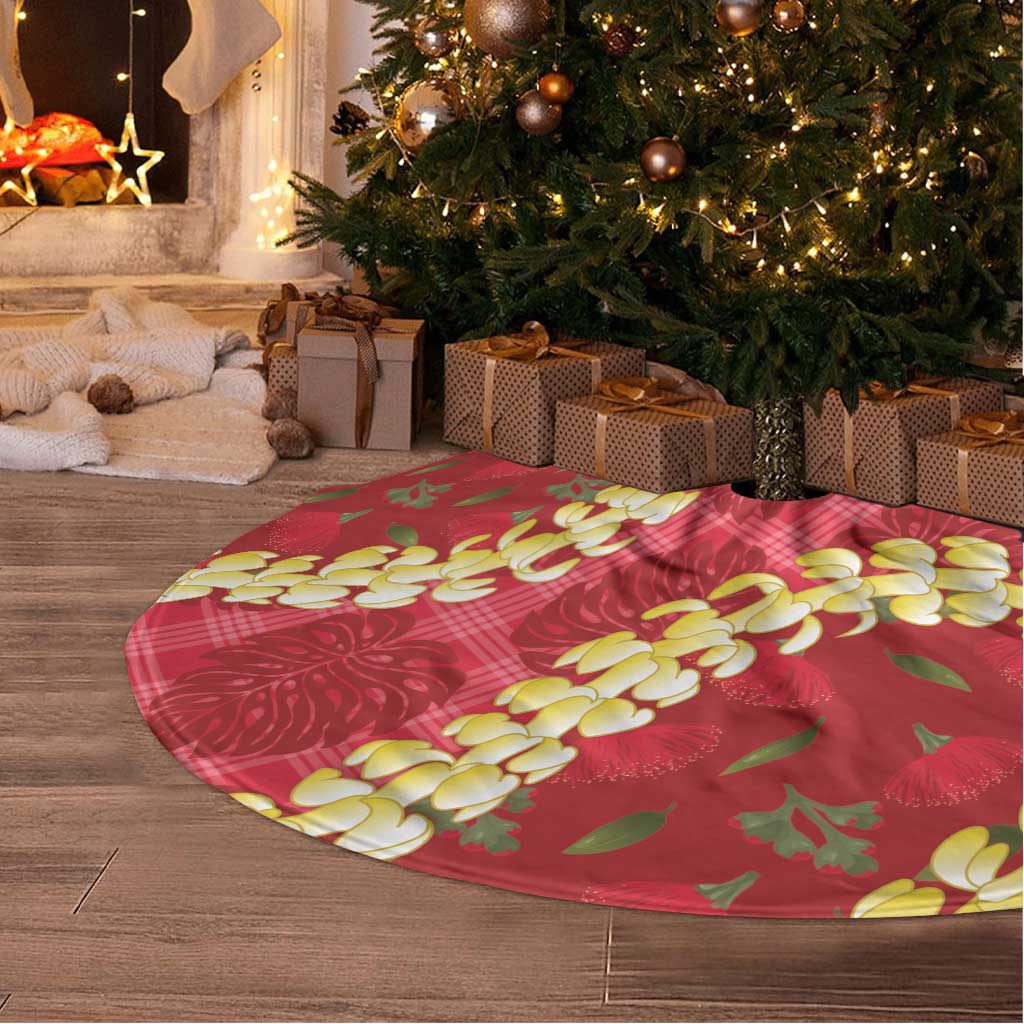 Red Palaka Hawaii Mele Kalikimaka Tree Skirt Ohia Lehua Monstera Puakenikeni Lei LT14 - Polynesian Pride