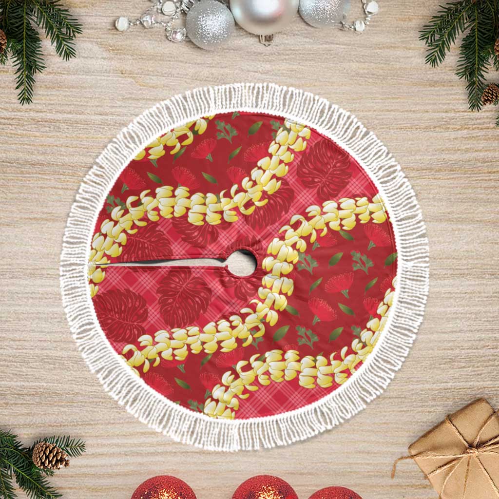 Red Palaka Hawaii Mele Kalikimaka Tree Skirt Ohia Lehua Monstera Puakenikeni Lei LT14 Fringed Red - Polynesian Pride