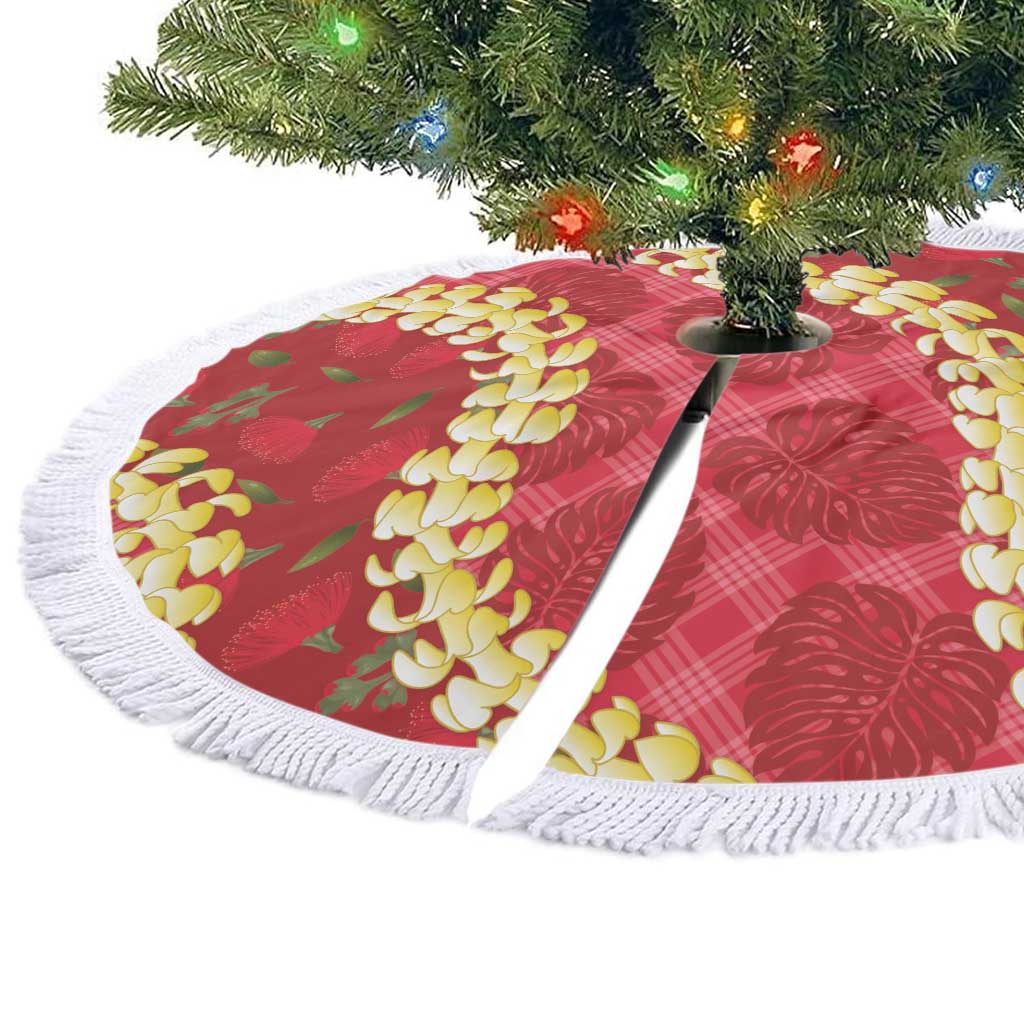Red Palaka Hawaii Mele Kalikimaka Tree Skirt Ohia Lehua Monstera Puakenikeni Lei LT14 - Polynesian Pride