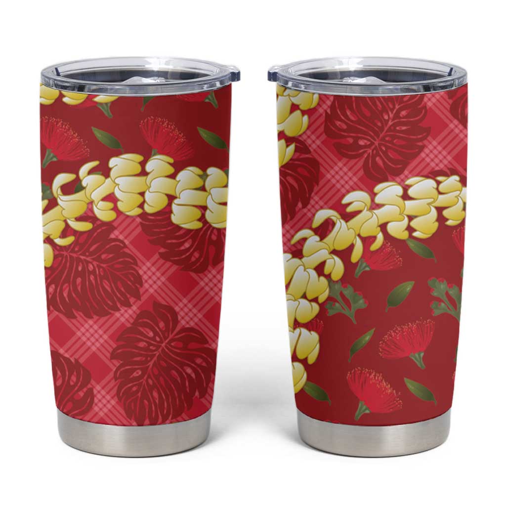 Red Palaka Hawaii Mele Kalikimaka Tumbler Cup Ohia Lehua Monstera Puakenikeni Lei LT14 Red - Polynesian Pride