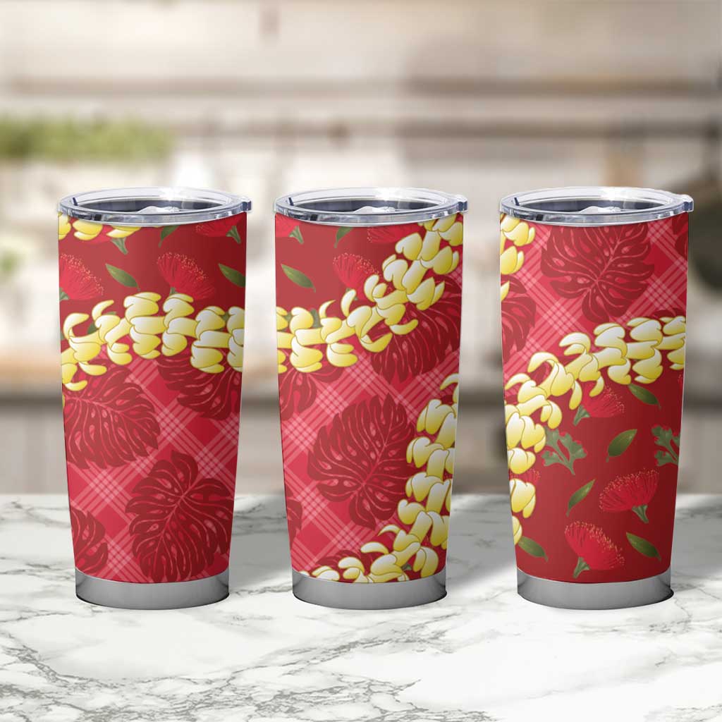 Red Palaka Hawaii Mele Kalikimaka Tumbler Cup Ohia Lehua Monstera Puakenikeni Lei LT14 - Polynesian Pride