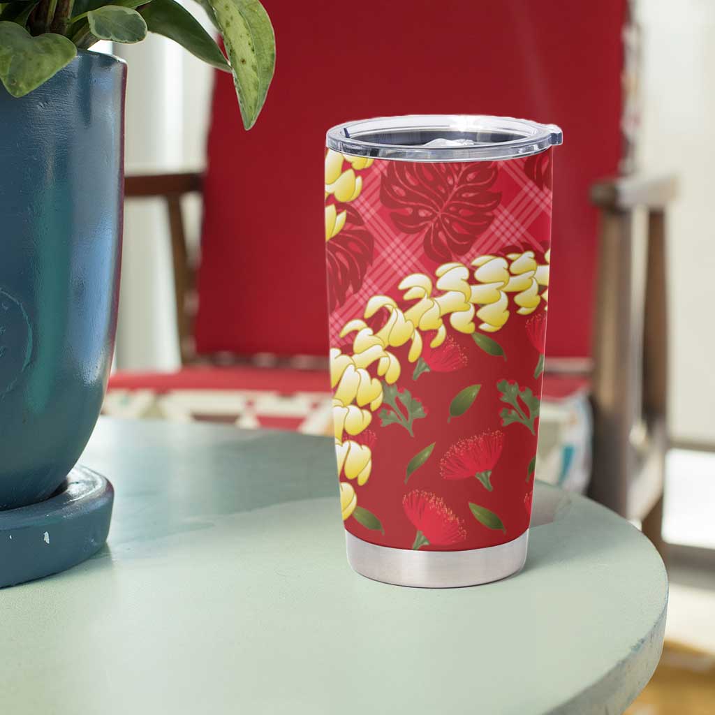 Red Palaka Hawaii Mele Kalikimaka Tumbler Cup Ohia Lehua Monstera Puakenikeni Lei LT14 - Polynesian Pride