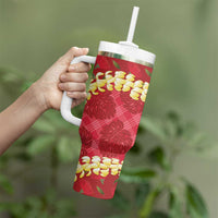 Red Palaka Hawaii Mele Kalikimaka Tumbler With Handle Ohia Lehua Monstera Puakenikeni Lei LT14 - Polynesian Pride