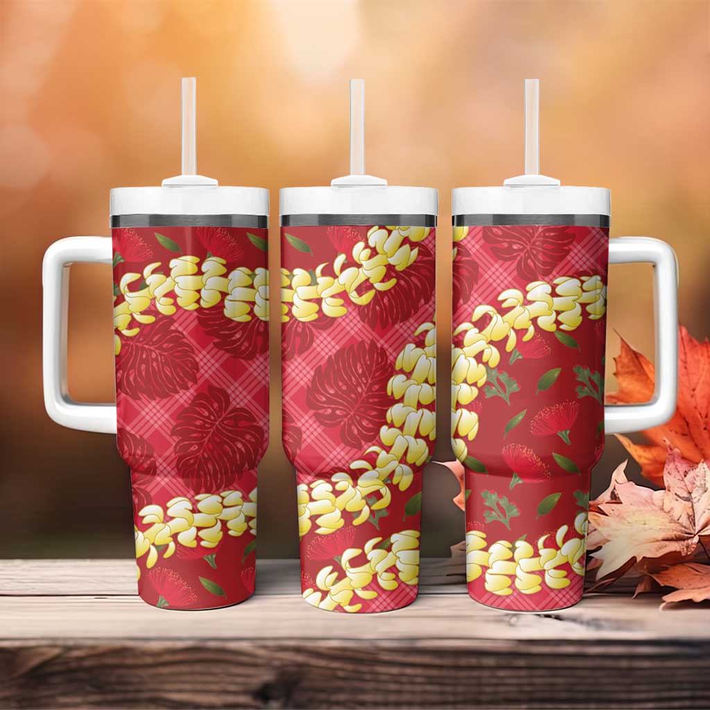 Red Palaka Hawaii Mele Kalikimaka Tumbler With Handle Ohia Lehua Monstera Puakenikeni Lei LT14 - Polynesian Pride