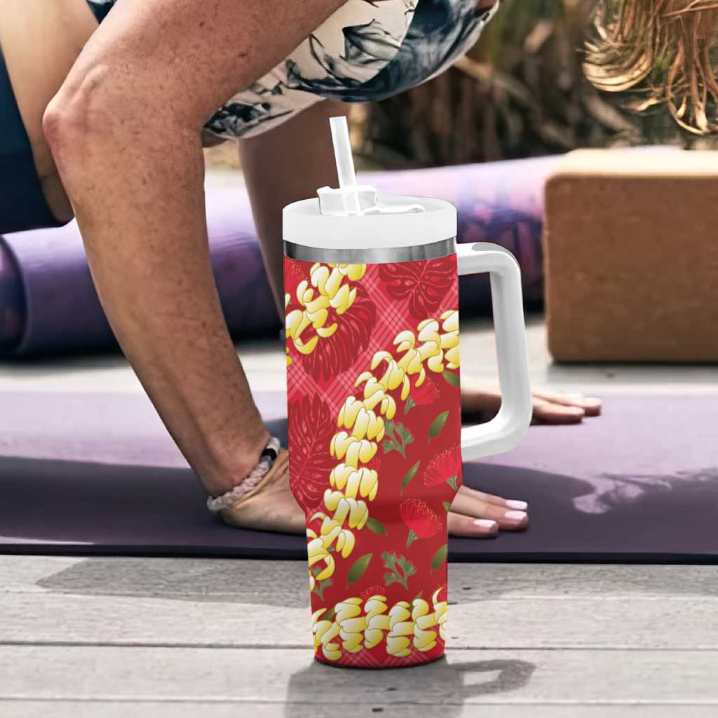 Red Palaka Hawaii Mele Kalikimaka Tumbler With Handle Ohia Lehua Monstera Puakenikeni Lei LT14 - Polynesian Pride
