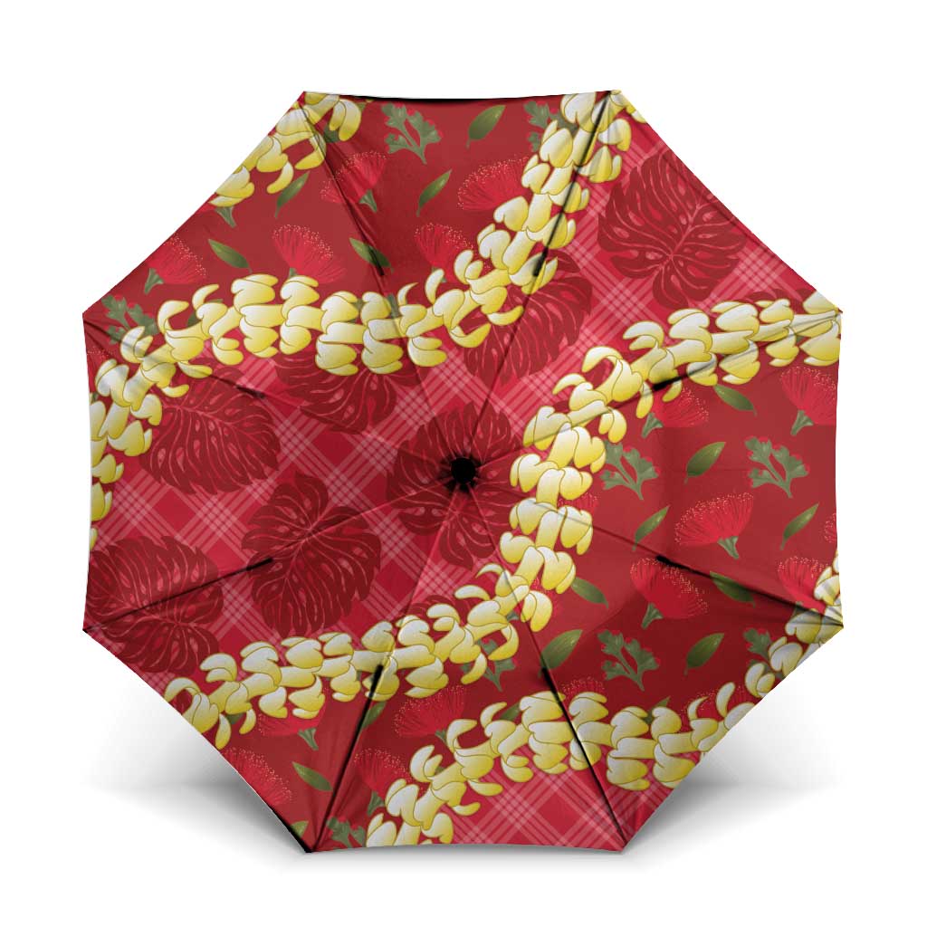 Red Palaka Hawaii Mele Kalikimaka Umbrella Ohia Lehua Monstera Puakenikeni Lei LT14 One Size Folded 11.42 inch Opened Diameter 37.4 inch Red - Polynesian Pride