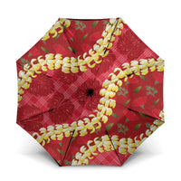 Red Palaka Hawaii Mele Kalikimaka Umbrella Ohia Lehua Monstera Puakenikeni Lei LT14 One Size Folded 11.42 inch Opened Diameter 37.4 inch Red - Polynesian Pride