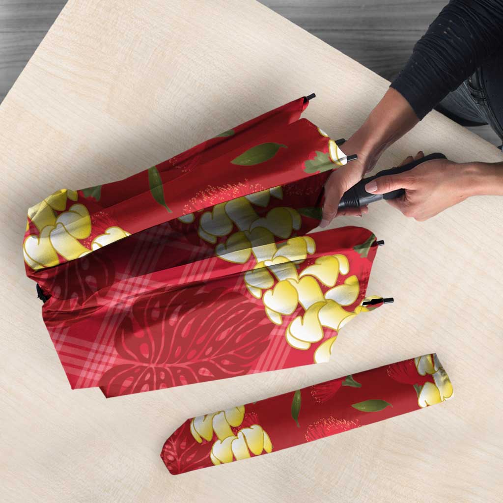 Red Palaka Hawaii Mele Kalikimaka Umbrella Ohia Lehua Monstera Puakenikeni Lei LT14 - Polynesian Pride