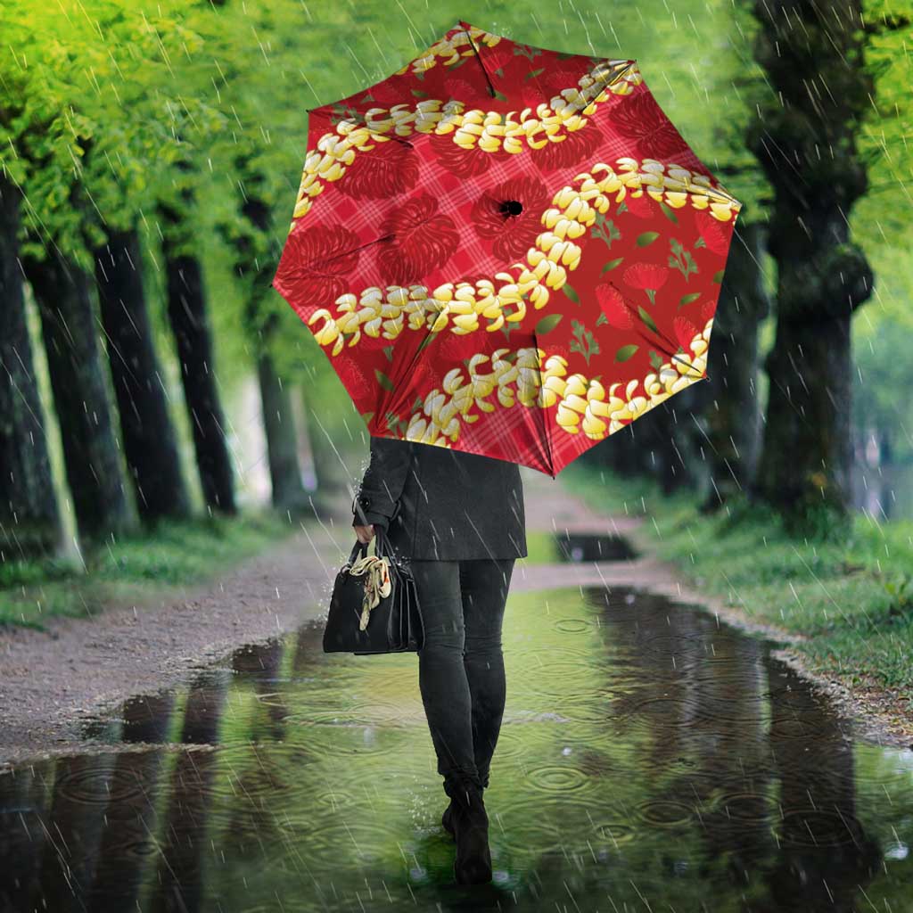 Red Palaka Hawaii Mele Kalikimaka Umbrella Ohia Lehua Monstera Puakenikeni Lei LT14 - Polynesian Pride