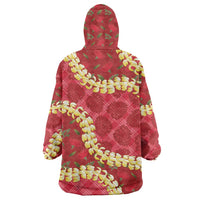 Red Palaka Hawaii Mele Kalikimaka Wearable Blanket Hoodie Ohia Lehua Monstera Puakenikeni Lei LT14 - Polynesian Pride
