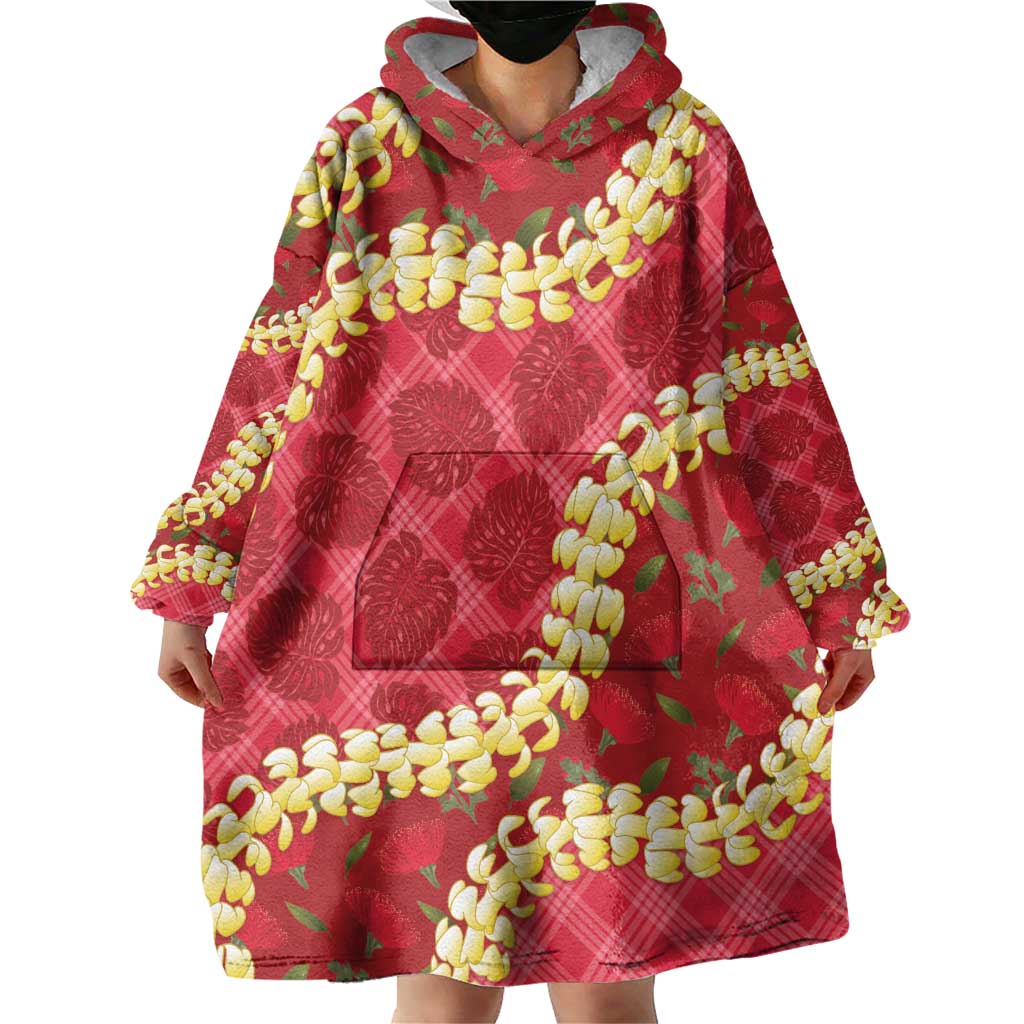 Red Palaka Hawaii Mele Kalikimaka Wearable Blanket Hoodie Ohia Lehua Monstera Puakenikeni Lei LT14 - Polynesian Pride