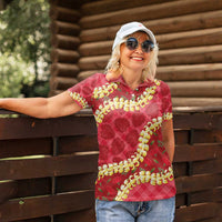 Red Palaka Hawaii Mele Kalikimaka Women Polo Shirt Ohia Lehua Monstera Puakenikeni Lei - Polynesian Pride