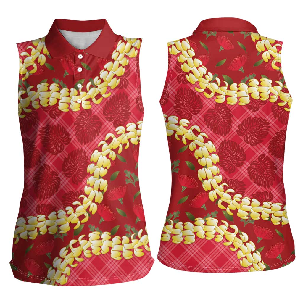 Red Palaka Hawaii Mele Kalikimaka Women Sleeveless Polo Shirt Ohia Lehua Monstera Puakenikeni Lei LT14 - Polynesian Pride