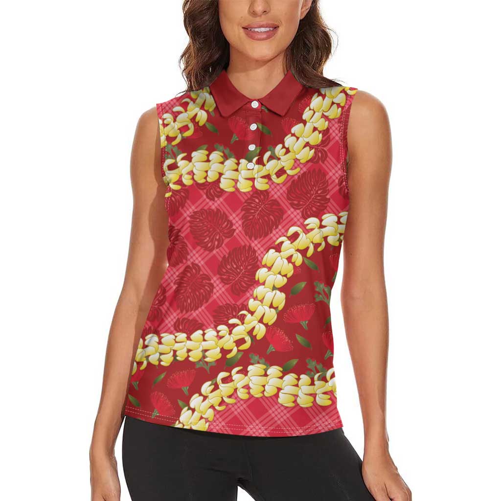 Red Palaka Hawaii Mele Kalikimaka Women Sleeveless Polo Shirt Ohia Lehua Monstera Puakenikeni Lei LT14 - Polynesian Pride
