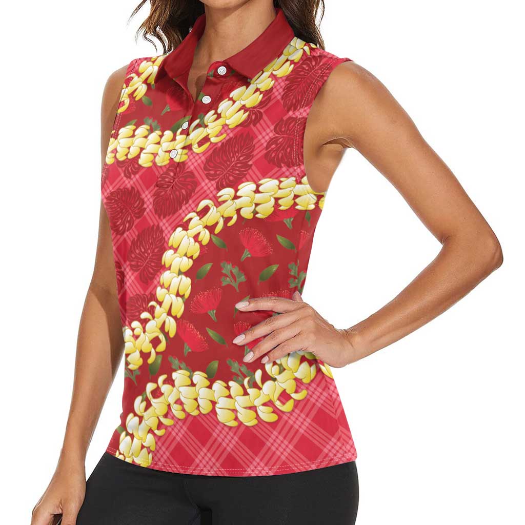 Red Palaka Hawaii Mele Kalikimaka Women Sleeveless Polo Shirt Ohia Lehua Monstera Puakenikeni Lei LT14 - Polynesian Pride