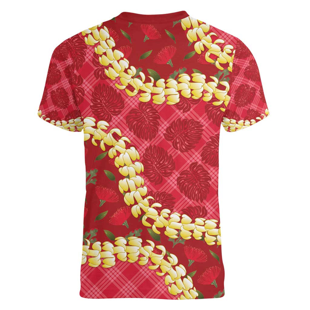 Red Palaka Hawaii Mele Kalikimaka Women V-Neck T-Shirt Ohia Lehua Monstera Puakenikeni Lei LT14 - Polynesian Pride