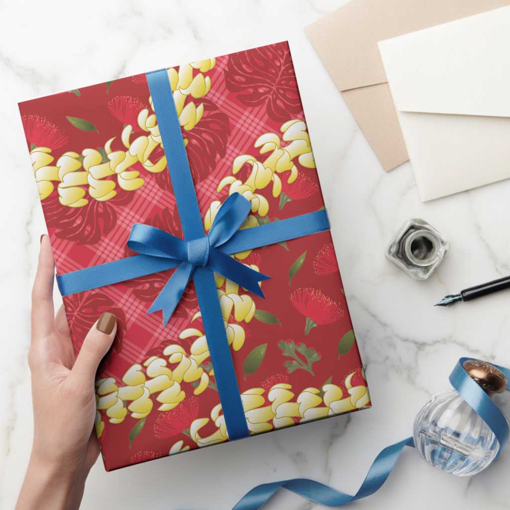 Red Palaka Hawaii Mele Kalikimaka Wrapping Paper Ohia Lehua Monstera Puakenikeni Lei LT14 - Polynesian Pride