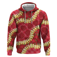 Red Palaka Hawaii Mele Kalikimaka Zip Hoodie Ohia Lehua Monstera Puakenikeni Lei LT14 Pullover Hoodie Red - Polynesian Pride