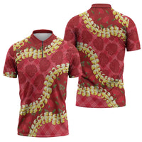 Red Palaka Hawaii Mele Kalikimaka Zipper Polo Shirt Ohia Lehua Monstera Puakenikeni Lei LT14 - Polynesian Pride