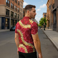 Red Palaka Hawaii Mele Kalikimaka Zipper Polo Shirt Ohia Lehua Monstera Puakenikeni Lei LT14 - Polynesian Pride