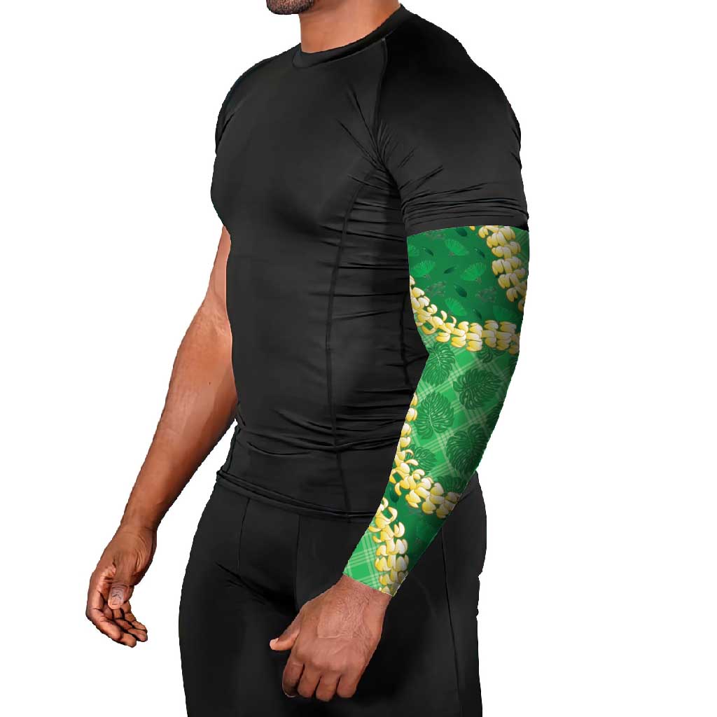 Green Palaka Hawaii Mele Kalikimaka Arm Sleeves Ohia Lehua Monstera Puakenikeni Lei LT14 - Polynesian Pride