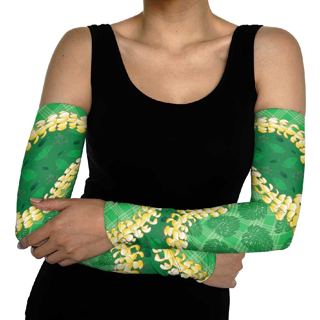 Green Palaka Hawaii Mele Kalikimaka Arm Sleeves Ohia Lehua Monstera Puakenikeni Lei LT14 - Polynesian Pride