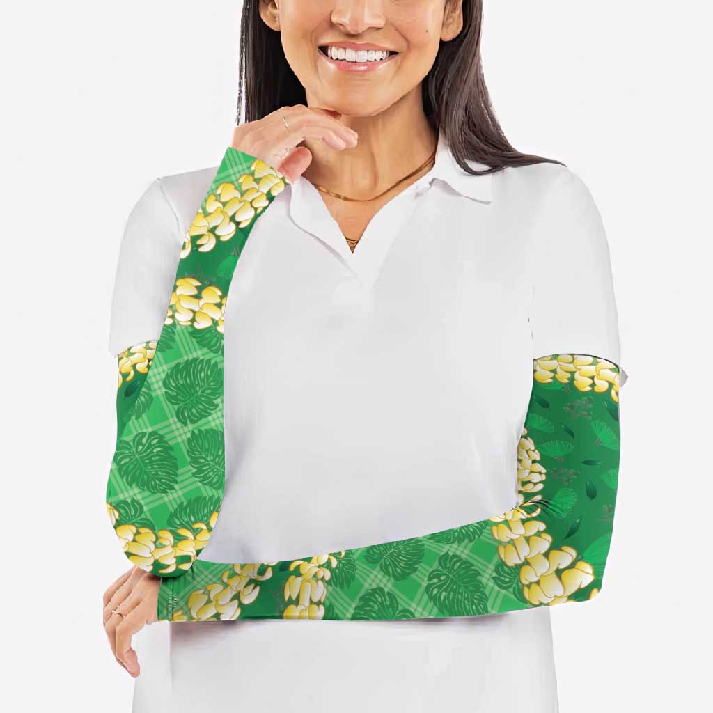 Green Palaka Hawaii Mele Kalikimaka Arm Sleeves Ohia Lehua Monstera Puakenikeni Lei LT14 - Polynesian Pride