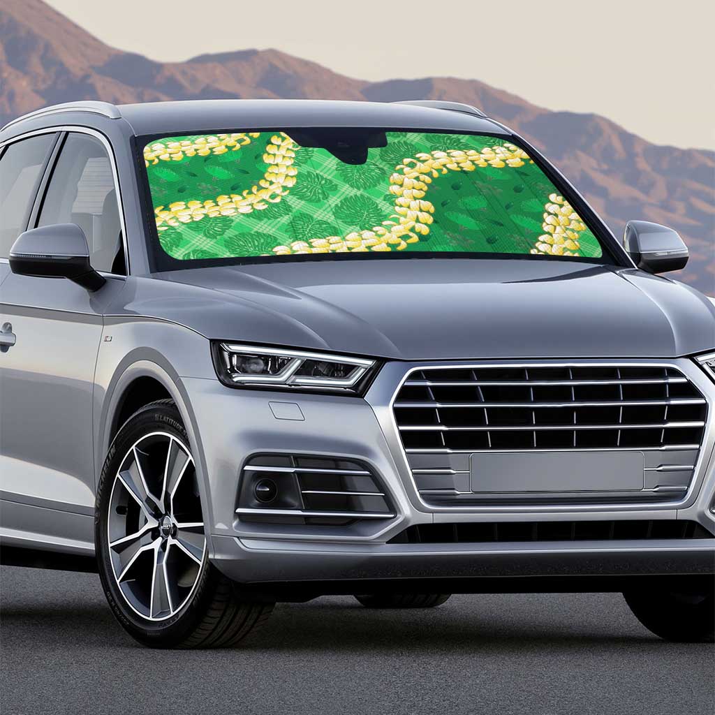 Green Palaka Hawaii Mele Kalikimaka Auto Sun Shade Ohia Lehua Monstera Puakenikeni Lei LT14 - Polynesian Pride