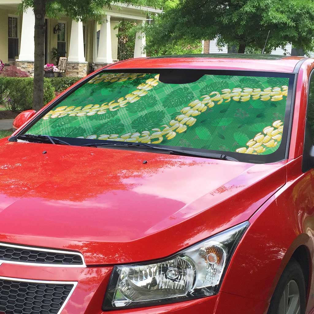 Green Palaka Hawaii Mele Kalikimaka Auto Sun Shade Ohia Lehua Monstera Puakenikeni Lei LT14 - Polynesian Pride