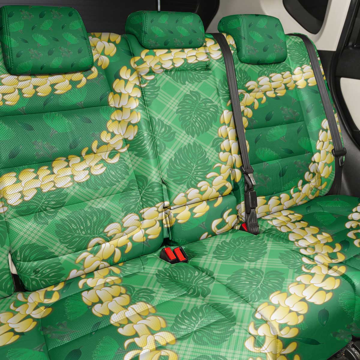 Green Palaka Hawaii Mele Kalikimaka Back Car Seat Cover Ohia Lehua Monstera Puakenikeni Lei LT14 - Polynesian Pride