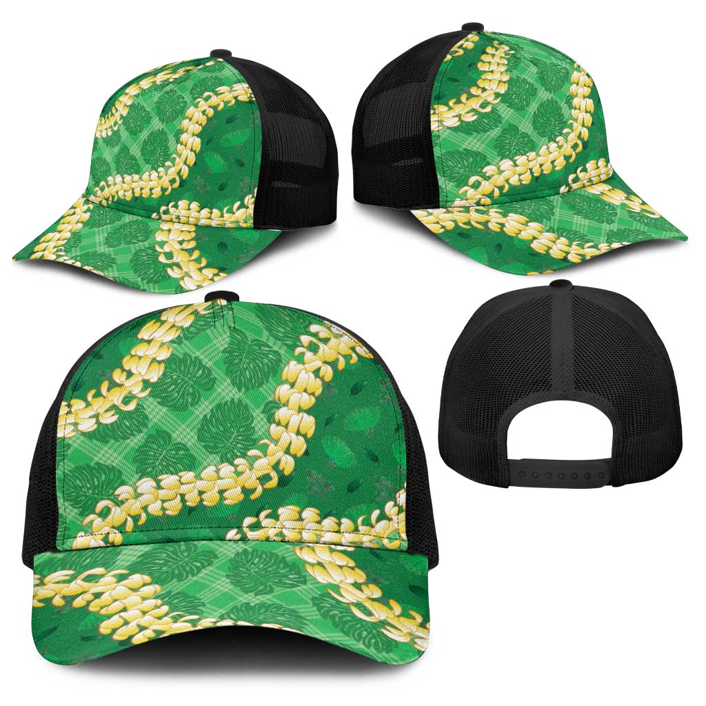 Green Palaka Hawaii Mele Kalikimaka Baseball Net Cap Ohia Lehua Monstera Puakenikeni Lei LT14 - Polynesian Pride