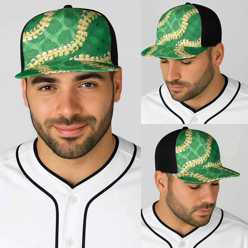 Green Palaka Hawaii Mele Kalikimaka Baseball Net Cap Ohia Lehua Monstera Puakenikeni Lei LT14 - Polynesian Pride
