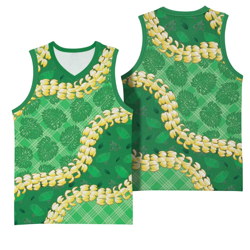 Green Palaka Hawaii Mele Kalikimaka Basketball Jersey Ohia Lehua Monstera Puakenikeni Lei LT14 - Polynesian Pride