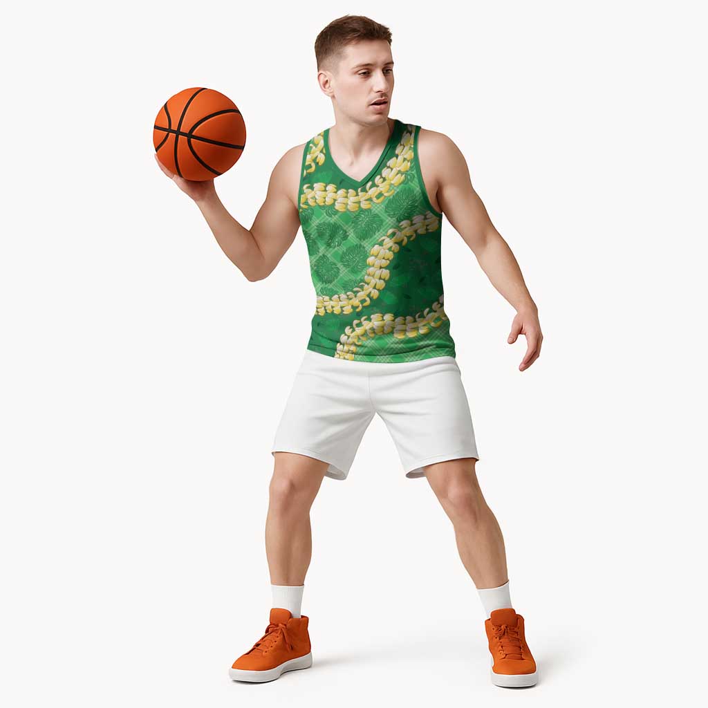 Green Palaka Hawaii Mele Kalikimaka Basketball Jersey Ohia Lehua Monstera Puakenikeni Lei LT14 - Polynesian Pride