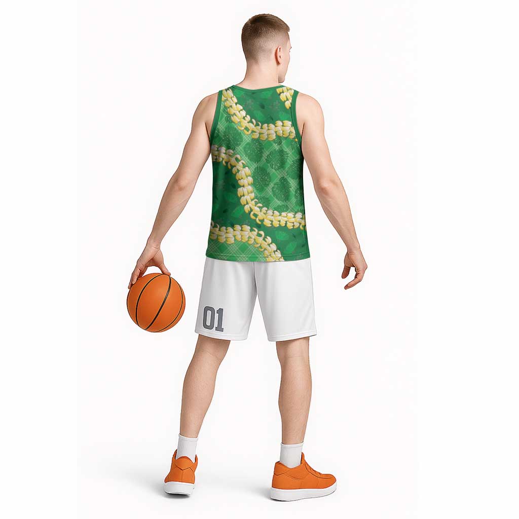 Green Palaka Hawaii Mele Kalikimaka Basketball Jersey Ohia Lehua Monstera Puakenikeni Lei LT14 - Polynesian Pride