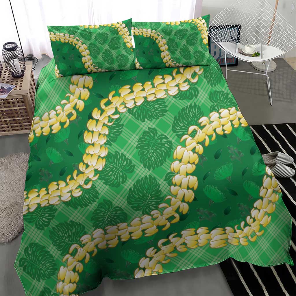 Green Palaka Hawaii Mele Kalikimaka Bedding Set Ohia Lehua Monstera Puakenikeni Lei LT14 - Polynesian Pride