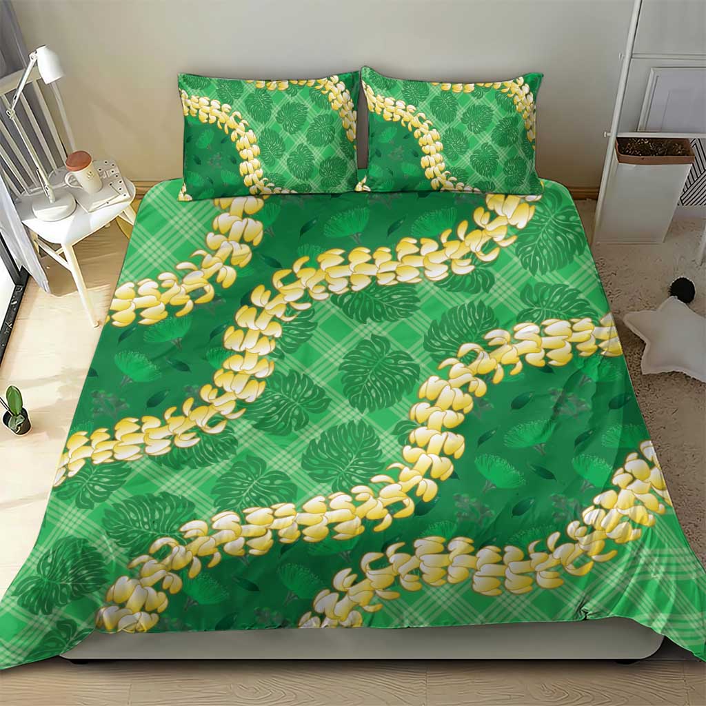 Green Palaka Hawaii Mele Kalikimaka Bedding Set Ohia Lehua Monstera Puakenikeni Lei LT14 - Polynesian Pride