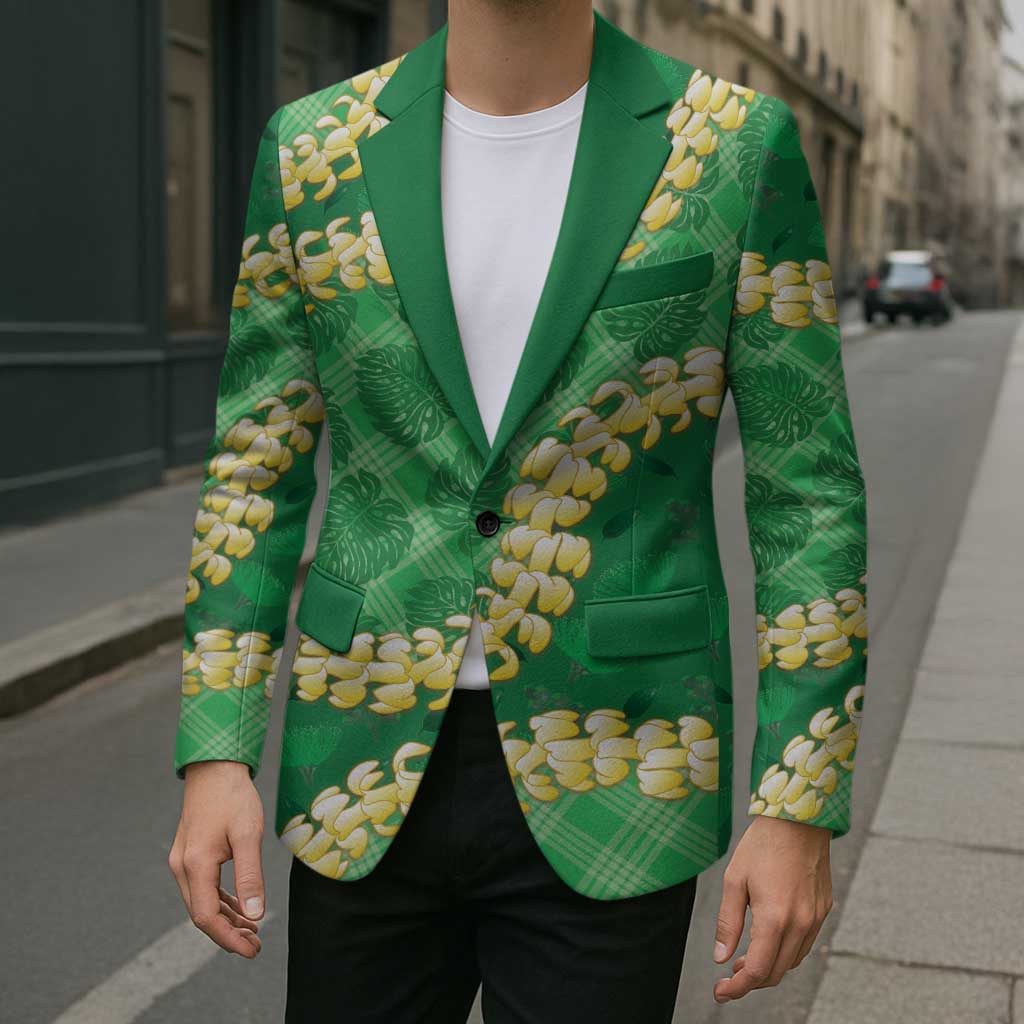 Green Palaka Hawaii Mele Kalikimaka Blazer Ohia Lehua Monstera Puakenikeni Lei LT14 - Polynesian Pride