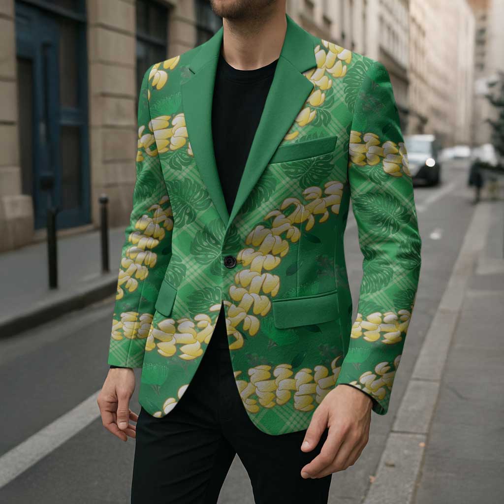 Green Palaka Hawaii Mele Kalikimaka Blazer Ohia Lehua Monstera Puakenikeni Lei LT14 - Polynesian Pride