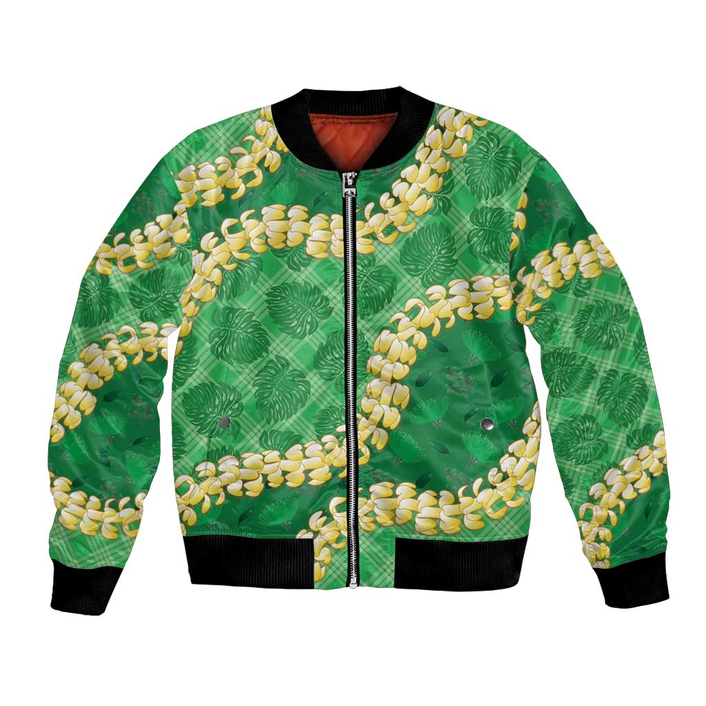 Green Palaka Hawaii Mele Kalikimaka Bomber Jacket Ohia Lehua Monstera Puakenikeni Lei LT14 Unisex Green - Polynesian Pride